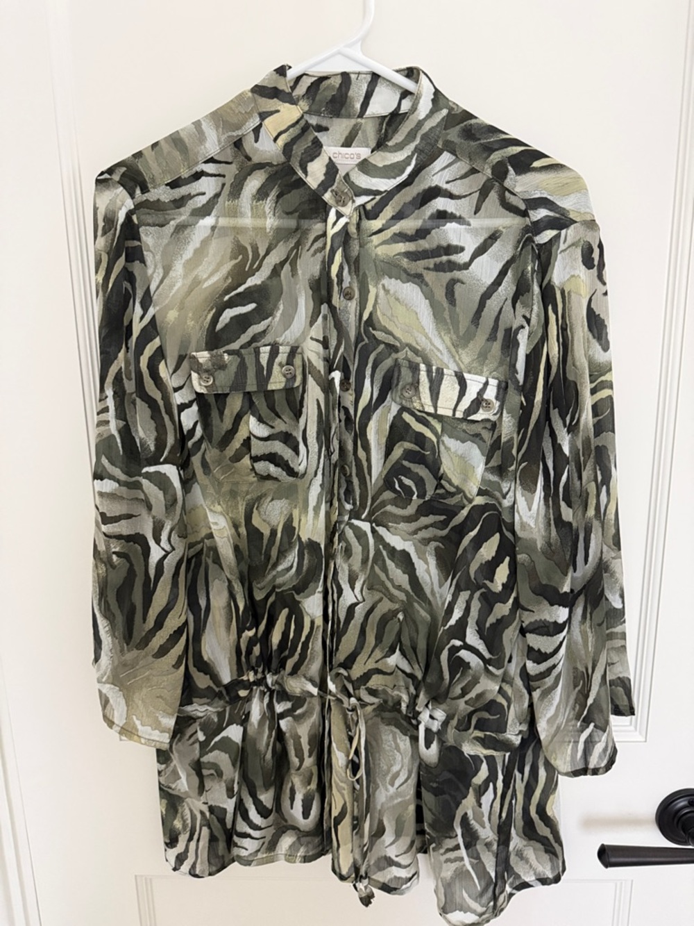 Chico's Olive & Black Zebra-Print Lightweight Drawstring Shirt Jacket
